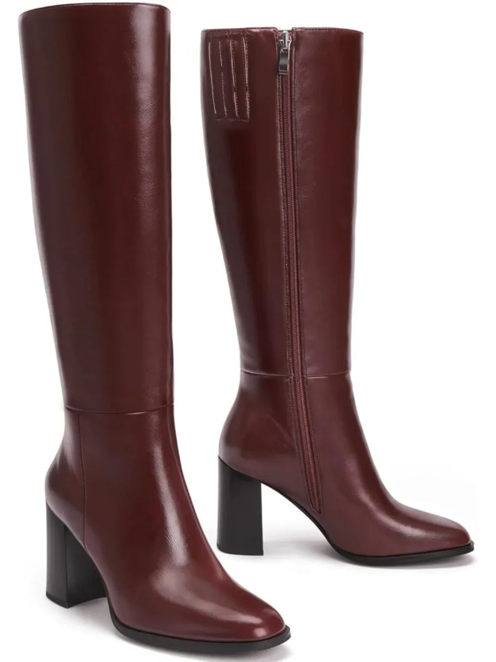 Women Burgundy Round Toe Side Zip Chunky Heel Fashion Tall Knee High Casual Boot